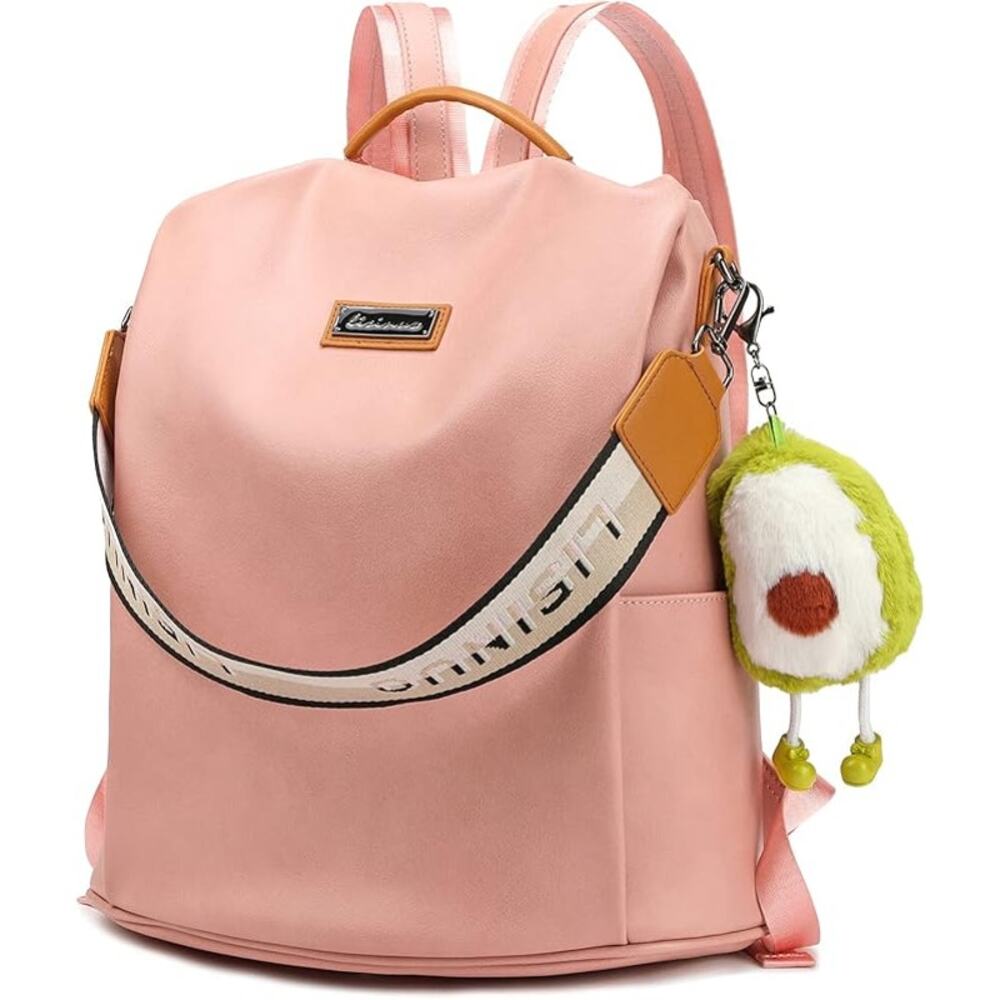 Blush Pink Faux Leather Backpack Purse With Cute Plush Keychain